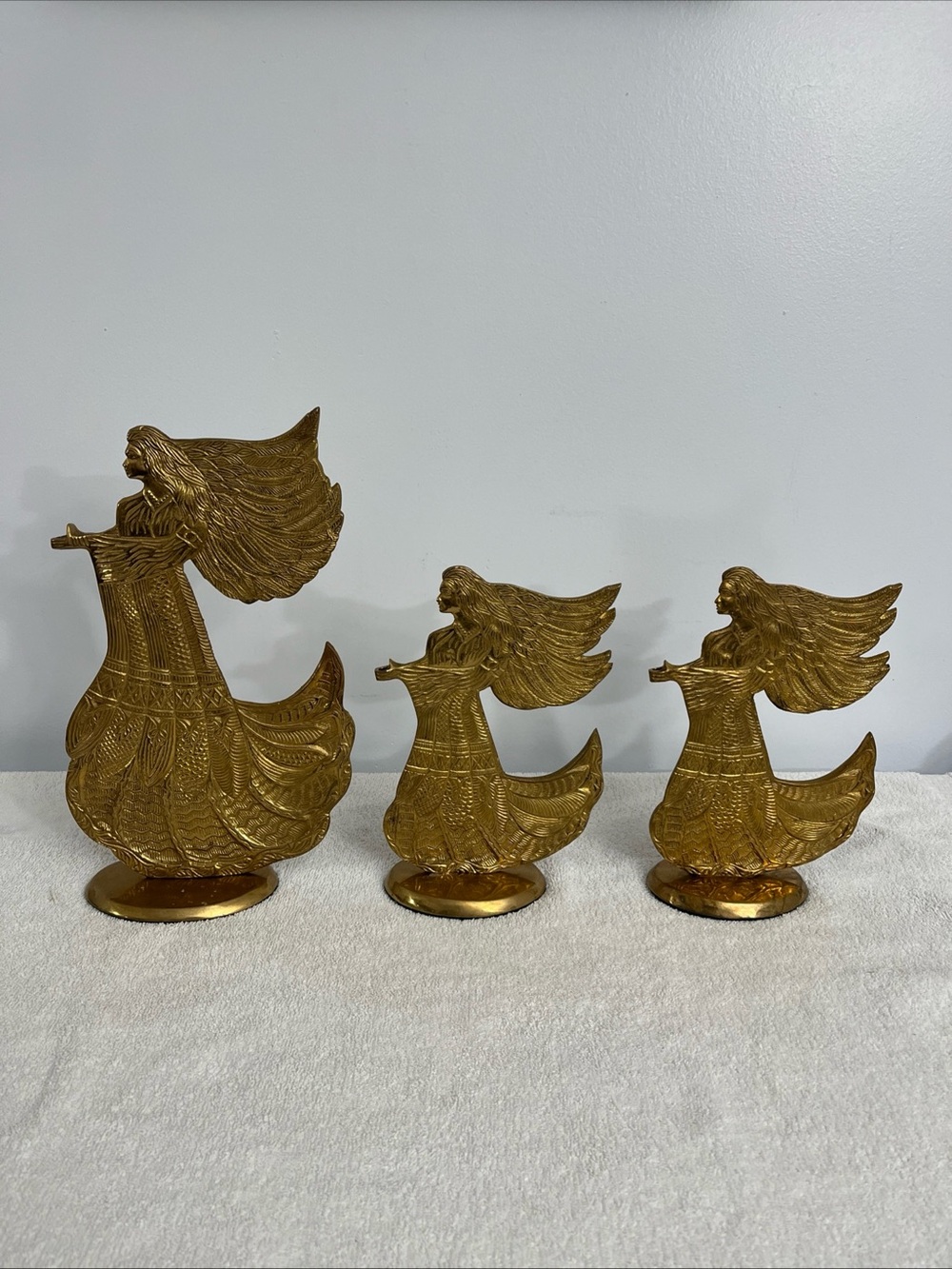 Vintage Brass Angels Set Of 3 India Candle Holder Incense Flowers Heavy Brass